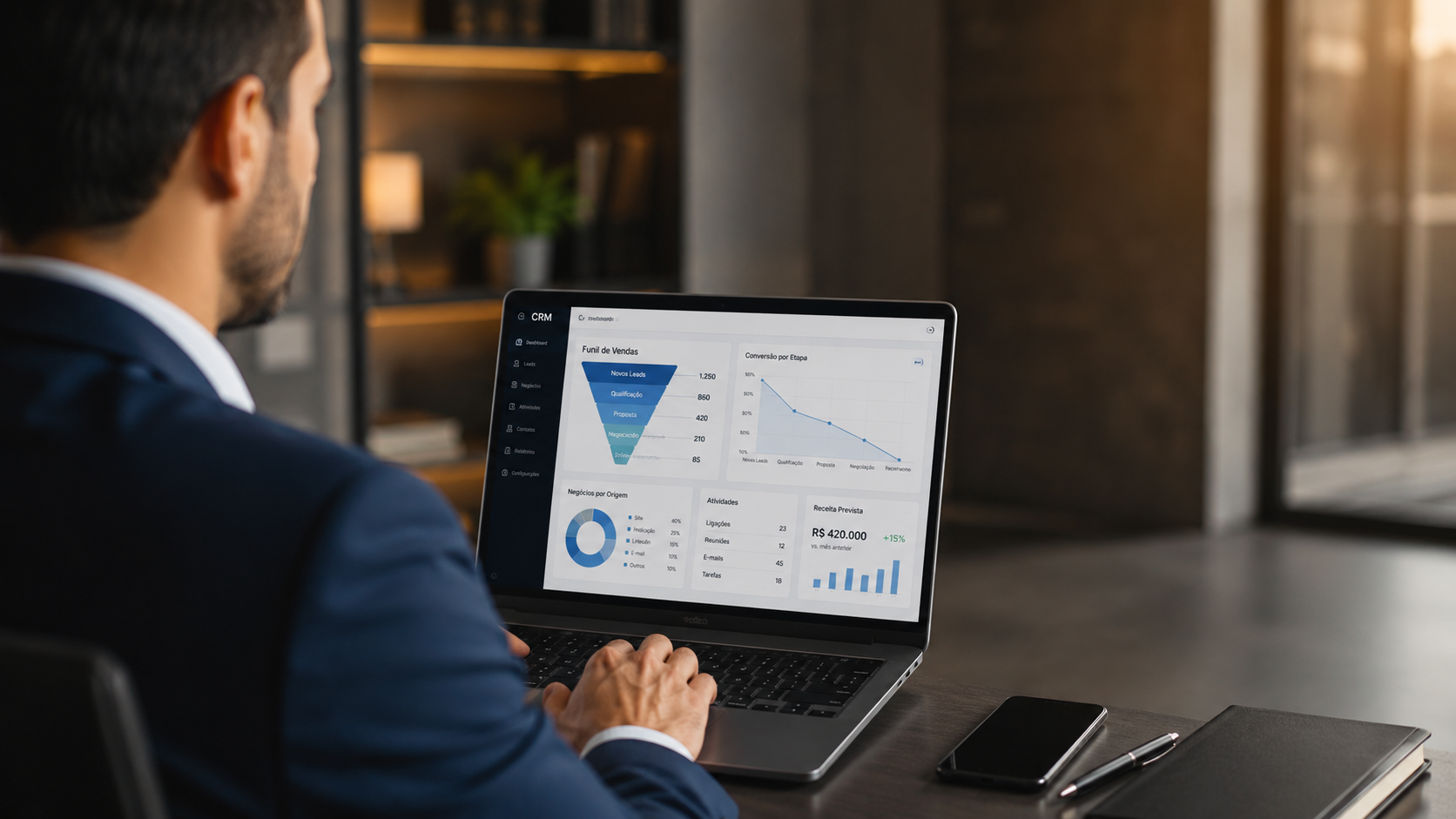 Painel de CRM com funil de vendas e receita prevista do escritório